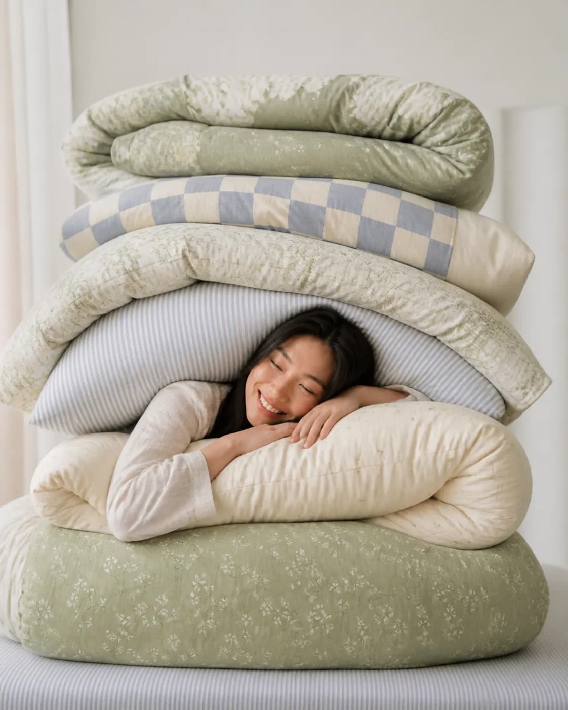 Stacked quilts with a lifestyle model — concept visual