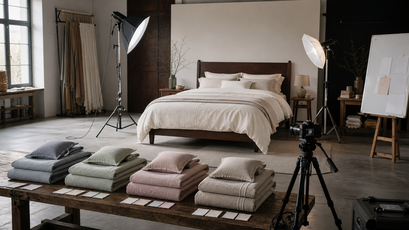 同系列多款床品、固定机位、灯光与拍摄清单的摄影棚概念视觉